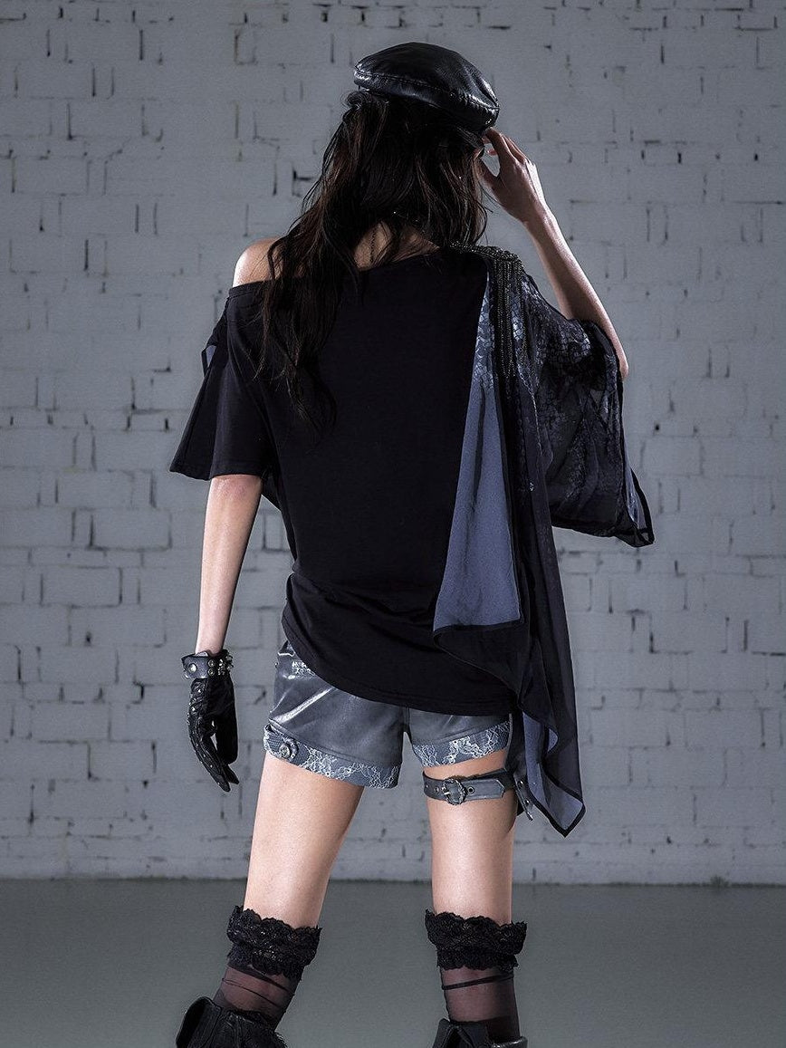 NO ROMANCE Chiffon Loose Fit Relaxed Draped Neck Letter Print Women Short Sleeve T-Shirts