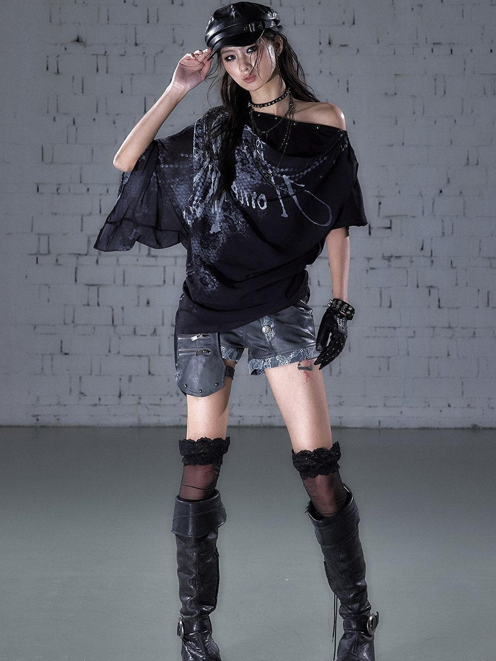 NO ROMANCE Chiffon Loose Fit Relaxed Draped Neck Letter Print Women Short Sleeve T-Shirts