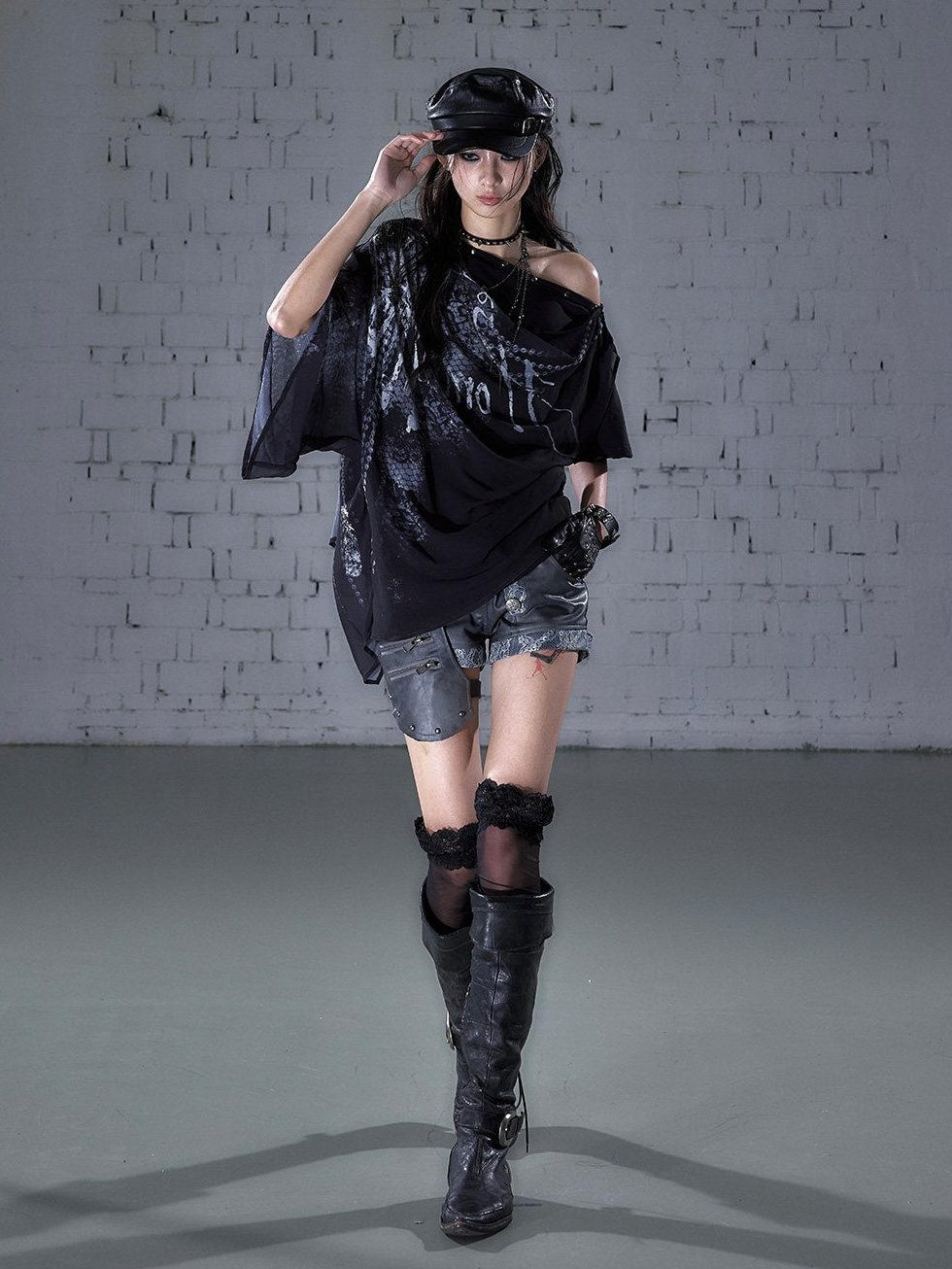 NO ROMANCE Chiffon Loose Fit Relaxed Draped Neck Letter Print Women Short Sleeve T-Shirts