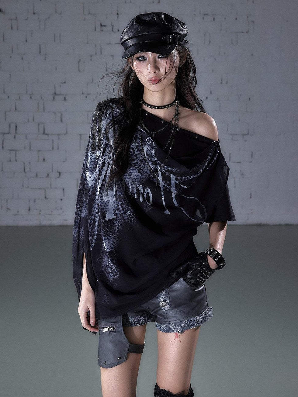 NO ROMANCE Chiffon Loose Fit Relaxed Draped Neck Letter Print Women Short Sleeve T-Shirts