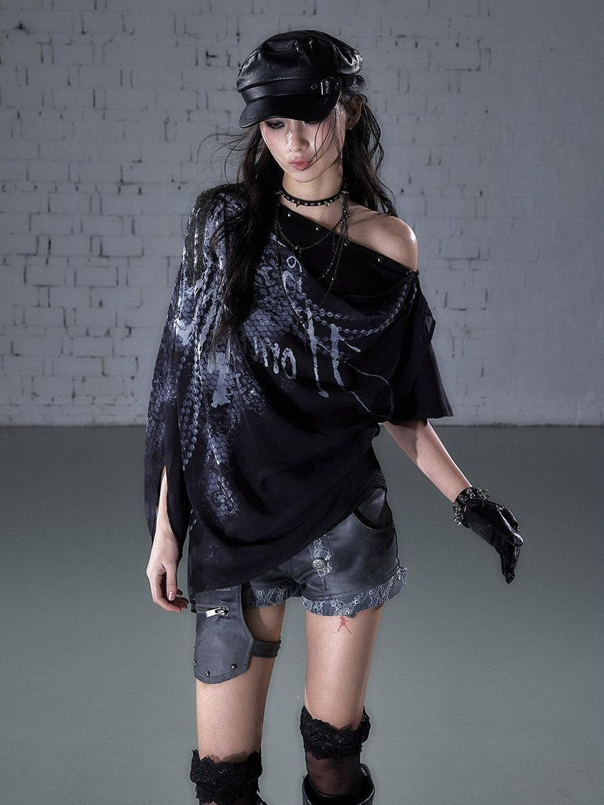 NO ROMANCE Chiffon Loose Fit Relaxed Draped Neck Letter Print Women Short Sleeve T-Shirts