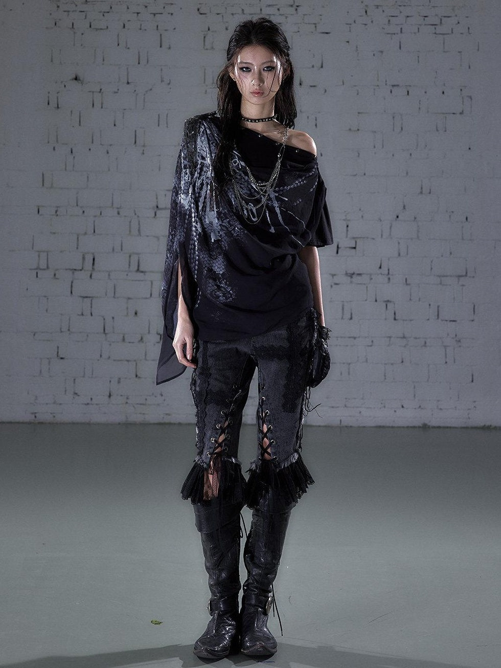 NO ROMANCE Chiffon Loose Fit Relaxed Draped Neck Letter Print Women Short Sleeve T-Shirts