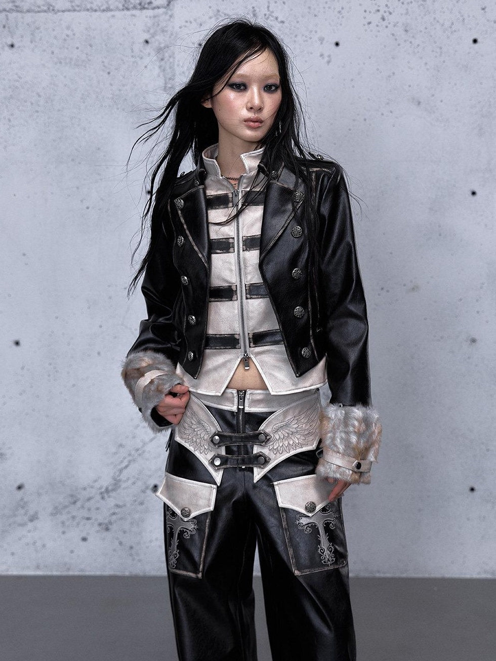 NO ROMANCE Colorblock Street Cropped Zip Long Sleeve Women Washed Black Casual Jackets