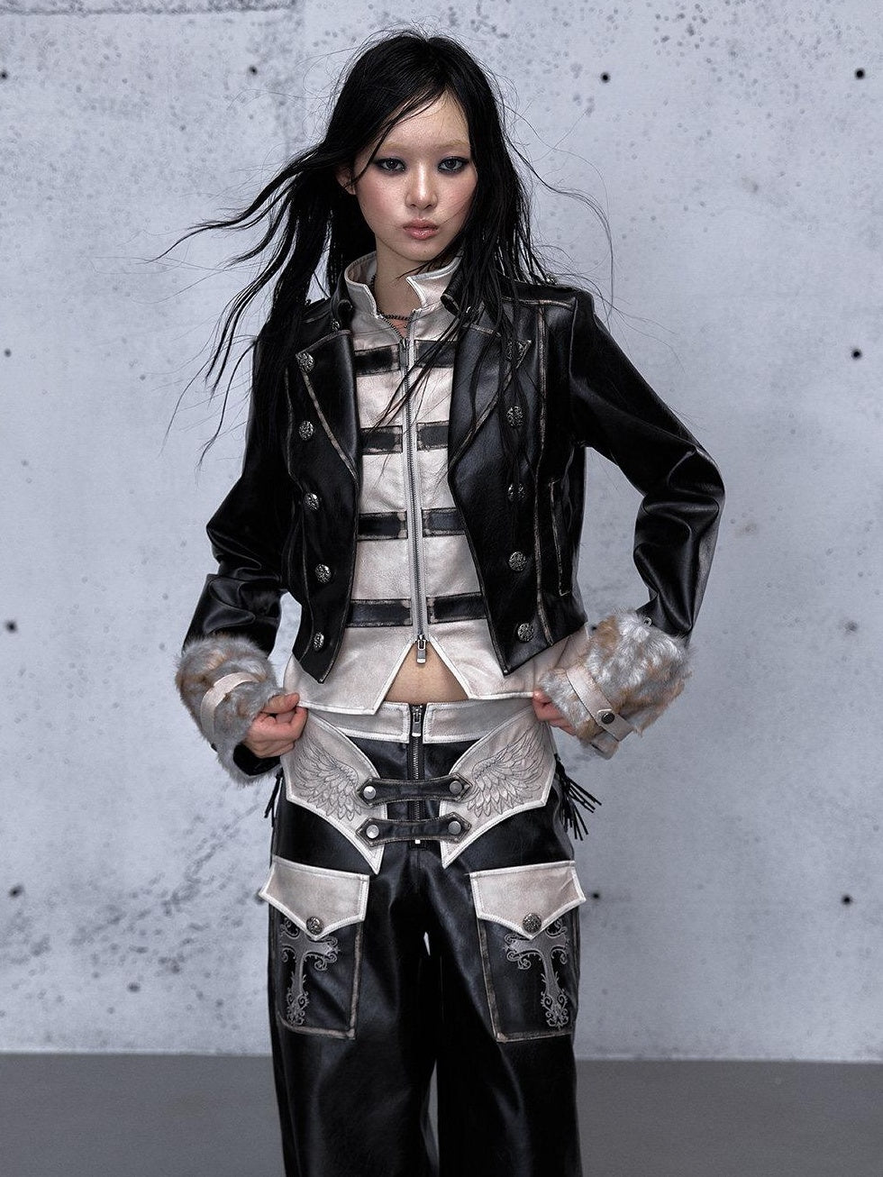 NO ROMANCE Colorblock Street Cropped Zip Long Sleeve Women Washed Black Casual Jackets