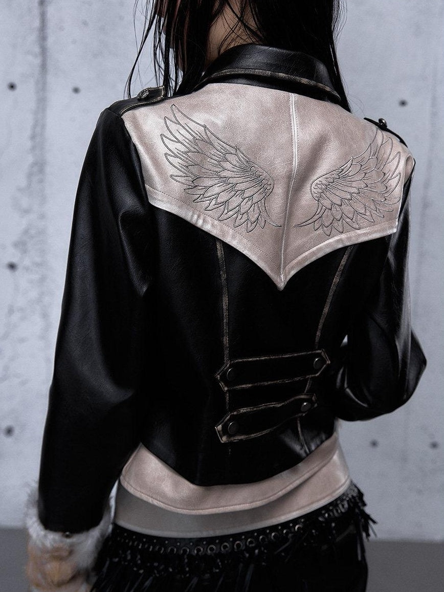 NO ROMANCE Colorblock Street Cropped Zip Long Sleeve Women Washed Black Casual Jackets