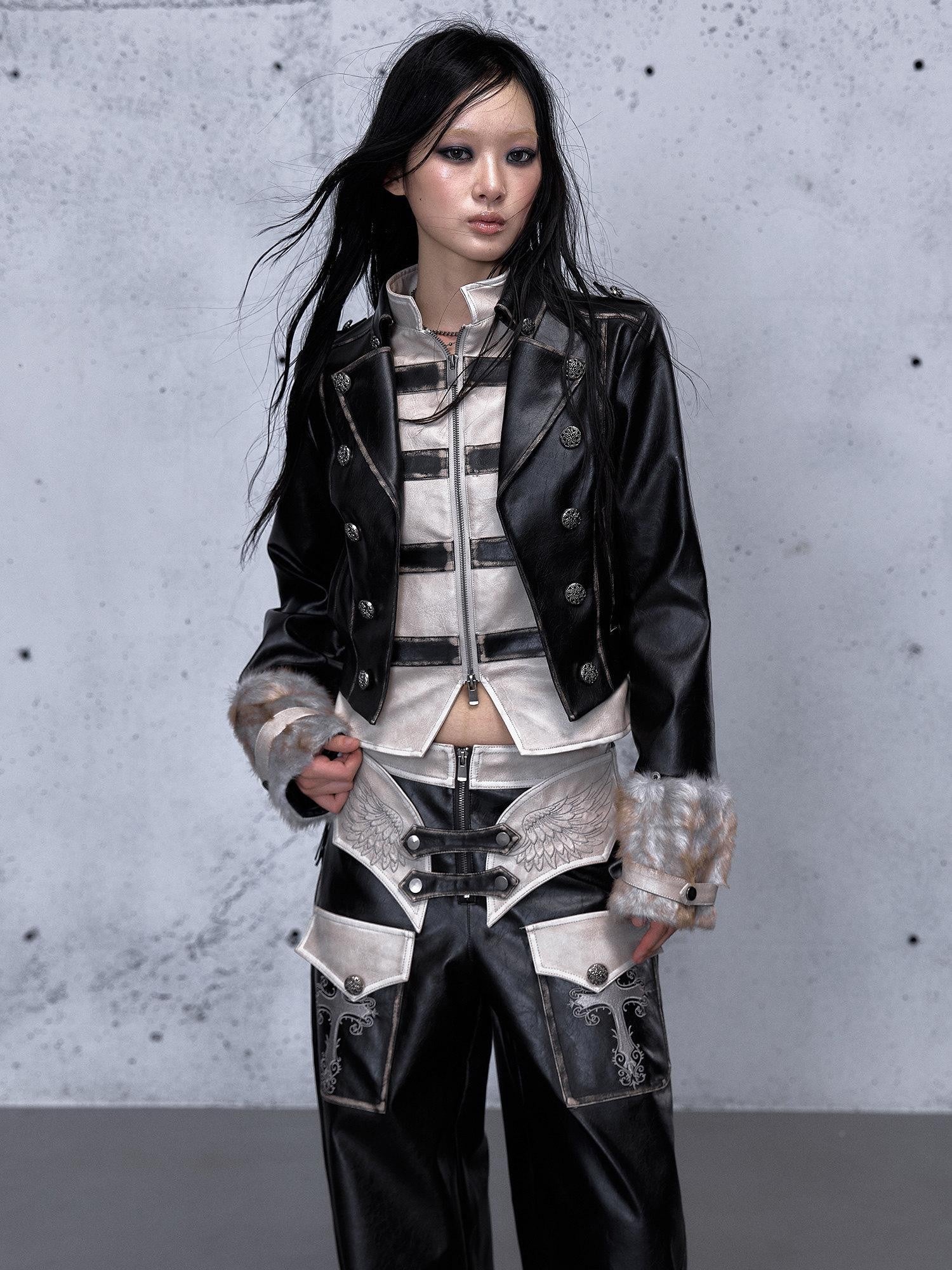 NO ROMANCE Colorblock Street Cropped Zip Long Sleeve Women Washed Black Casual Jackets