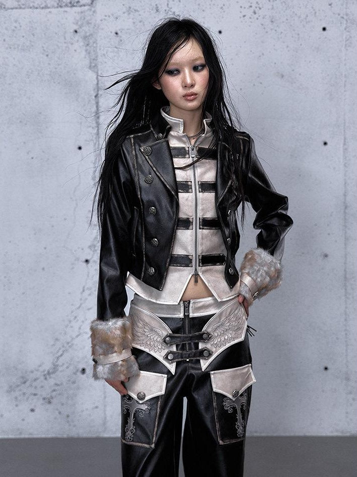 NO ROMANCE Colorblock Street Cropped Zip Long Sleeve Women Washed Black Casual Jackets