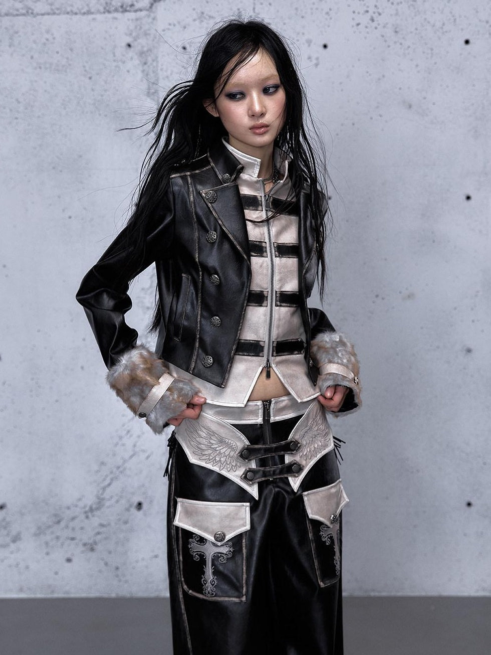 NO ROMANCE Colorblock Street Cropped Zip Long Sleeve Women Washed Black Casual Jackets