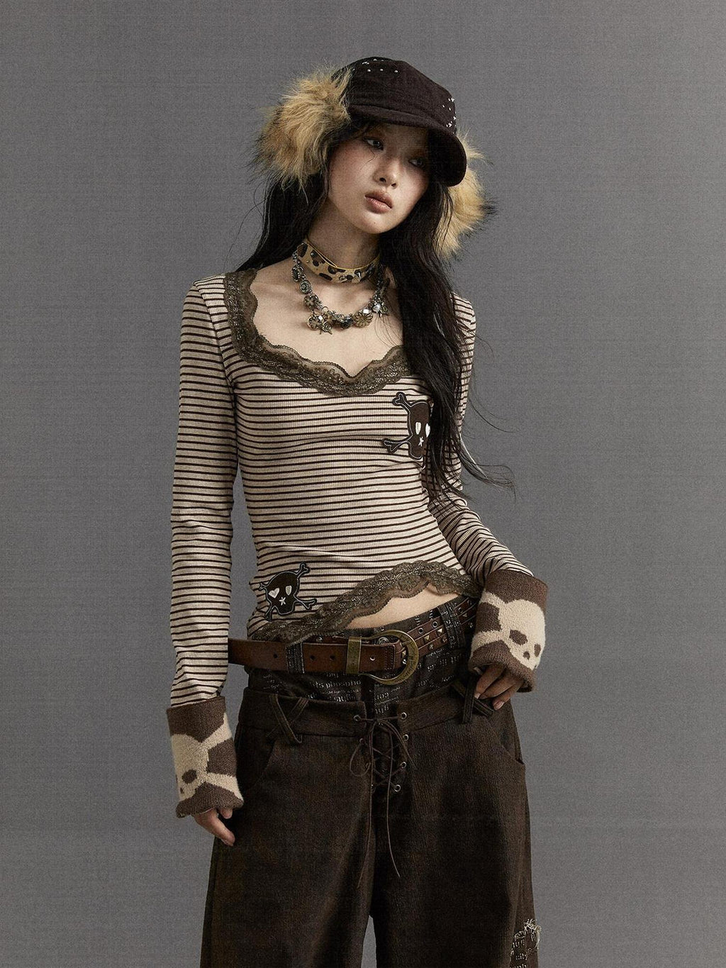 NO ROMANCE Combed Cotton Slim Punk V-neck Striped Women Coffee Brown Long Sleeve T-Shirts