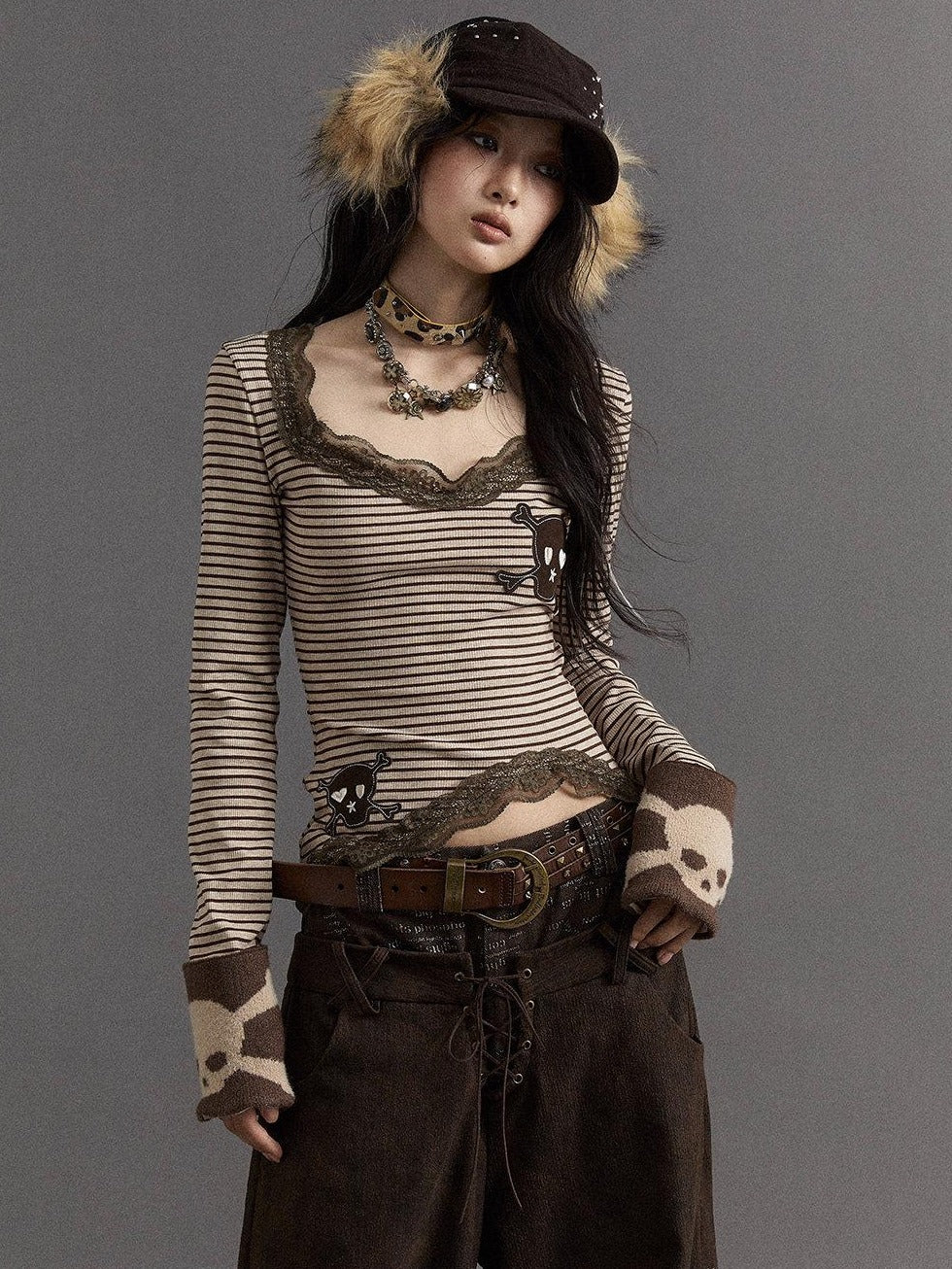 NO ROMANCE Combed Cotton Slim Punk V-neck Striped Women Coffee Brown Long Sleeve T-Shirts