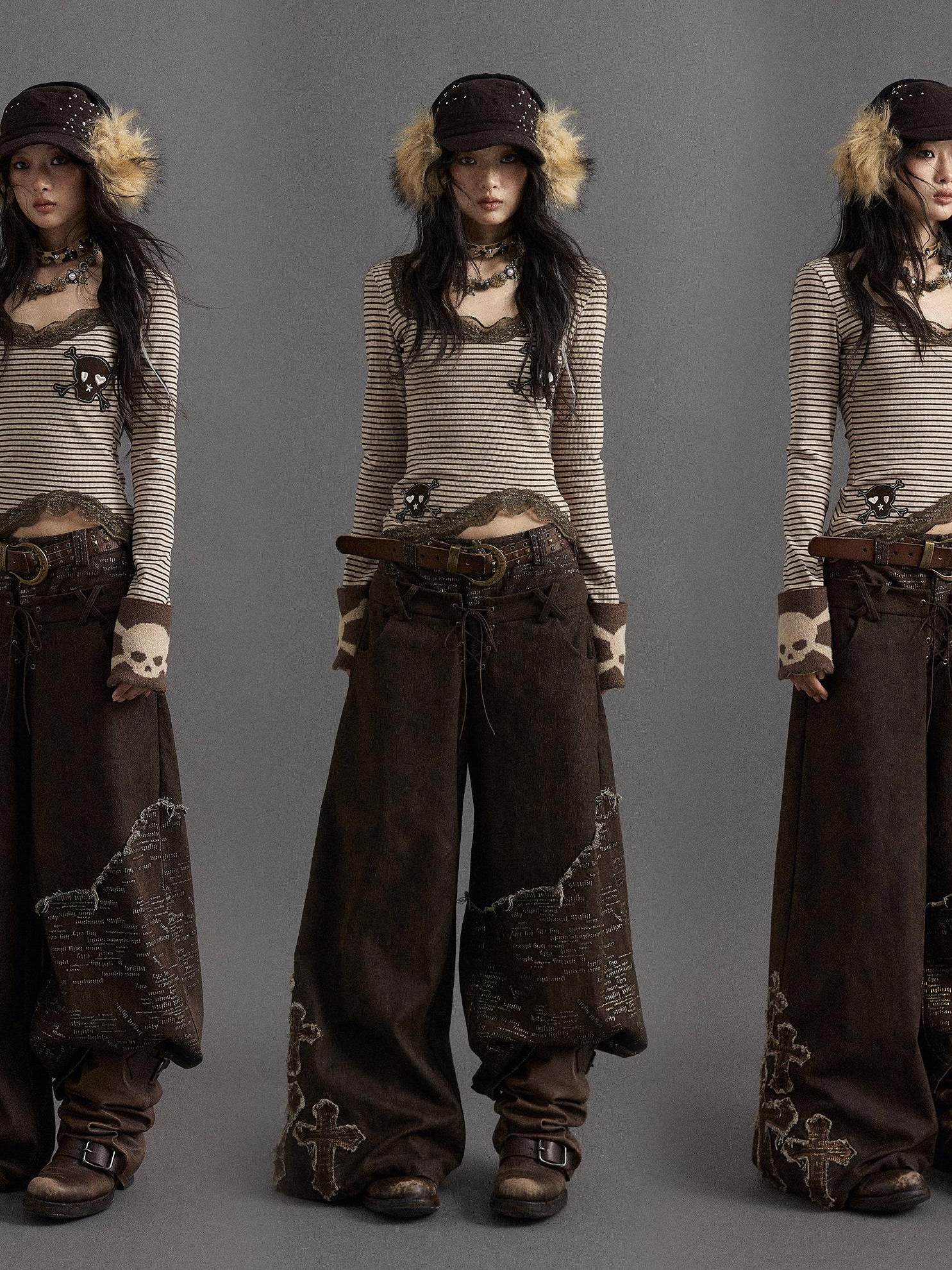 NO ROMANCE Combed Cotton Slim Punk V-neck Striped Women Coffee Brown Long Sleeve T-Shirts