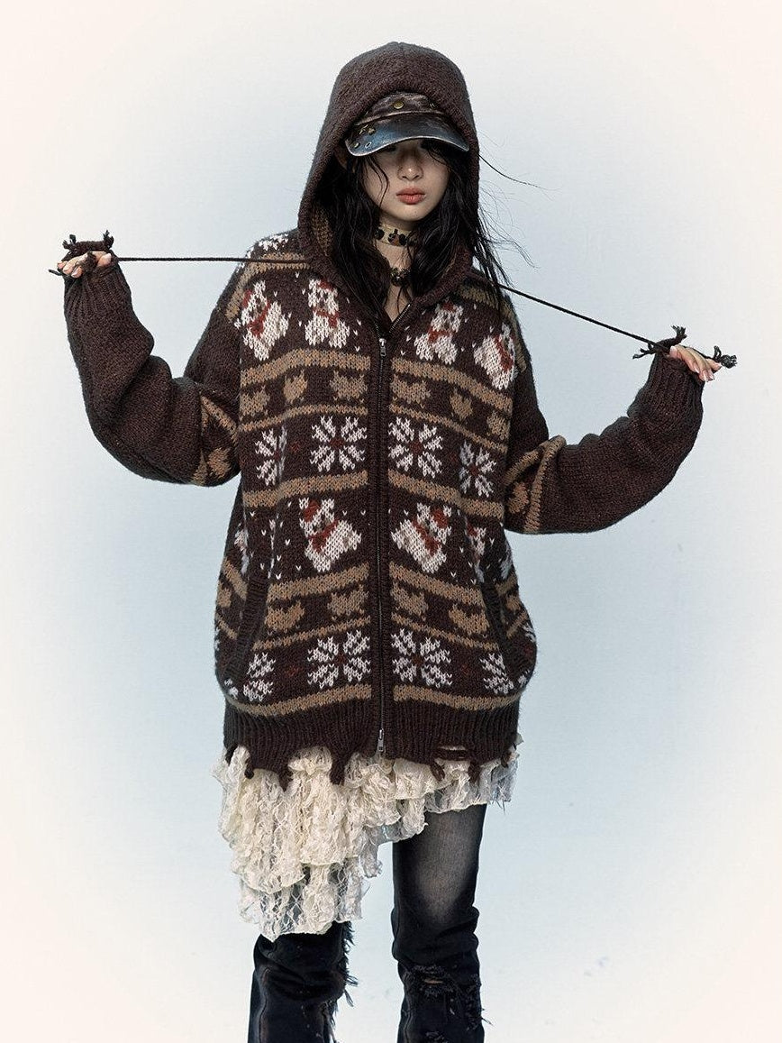 NO ROMANCE Cozy Hooded Zip Up Loose Streetwear Knit Cartoon Anime Youth Cardigans