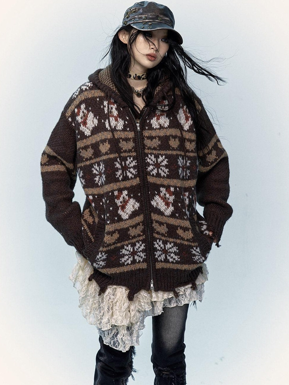 NO ROMANCE Cozy Hooded Zip Up Loose Streetwear Knit Cartoon Anime Youth Cardigans