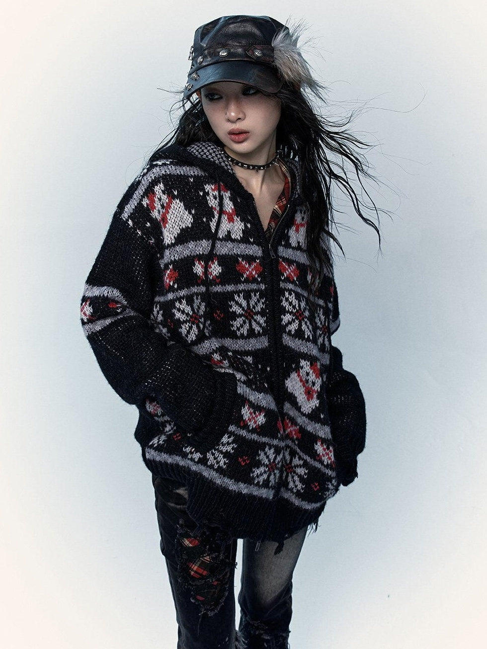 NO ROMANCE Cozy Hooded Zip Up Loose Streetwear Knit Cartoon Anime Youth Cardigans