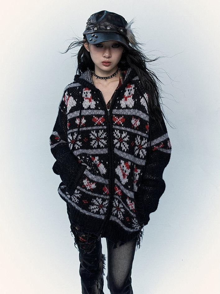 NO ROMANCE Cozy Hooded Zip Up Loose Streetwear Knit Cartoon Anime Youth Cardigans
