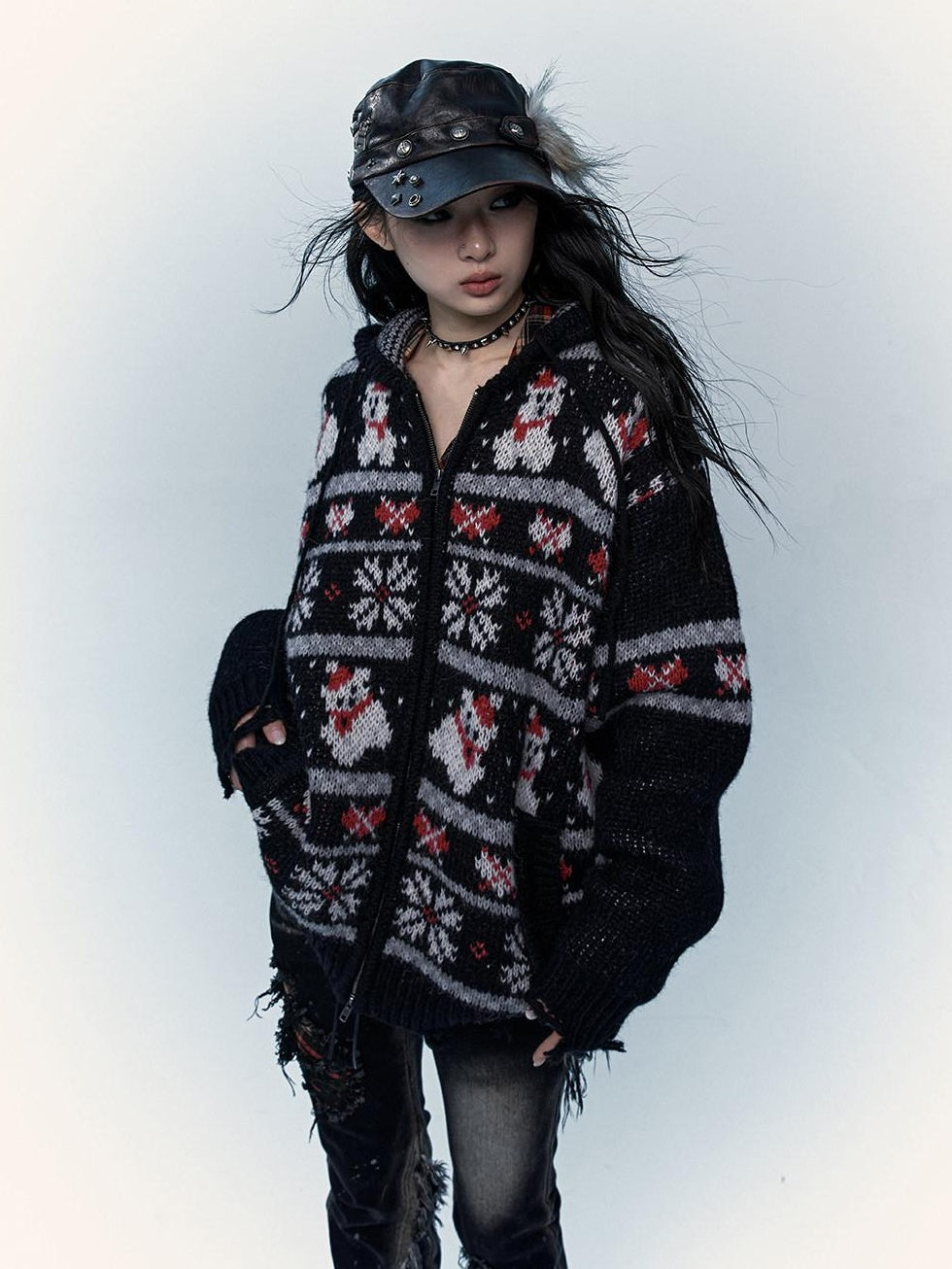NO ROMANCE Cozy Hooded Zip Up Loose Streetwear Knit Cartoon Anime Youth Cardigans
