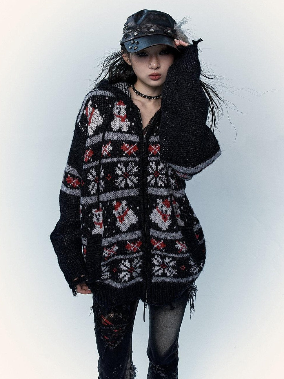 NO ROMANCE Cozy Hooded Zip Up Loose Streetwear Knit Cartoon Anime Youth Cardigans