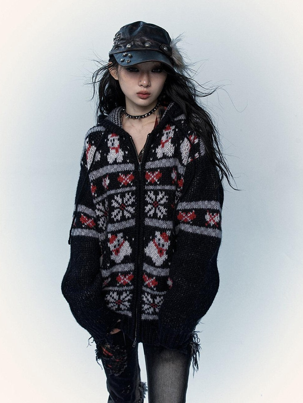NO ROMANCE Cozy Hooded Zip Up Loose Streetwear Knit Cartoon Anime Youth Cardigans