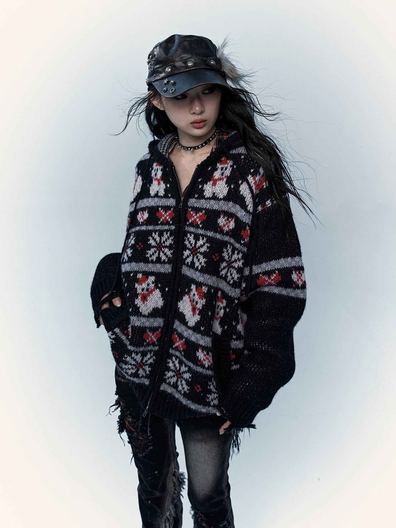 NO ROMANCE Cozy Hooded Zip Up Loose Streetwear Knit Cartoon Anime Youth Cardigans