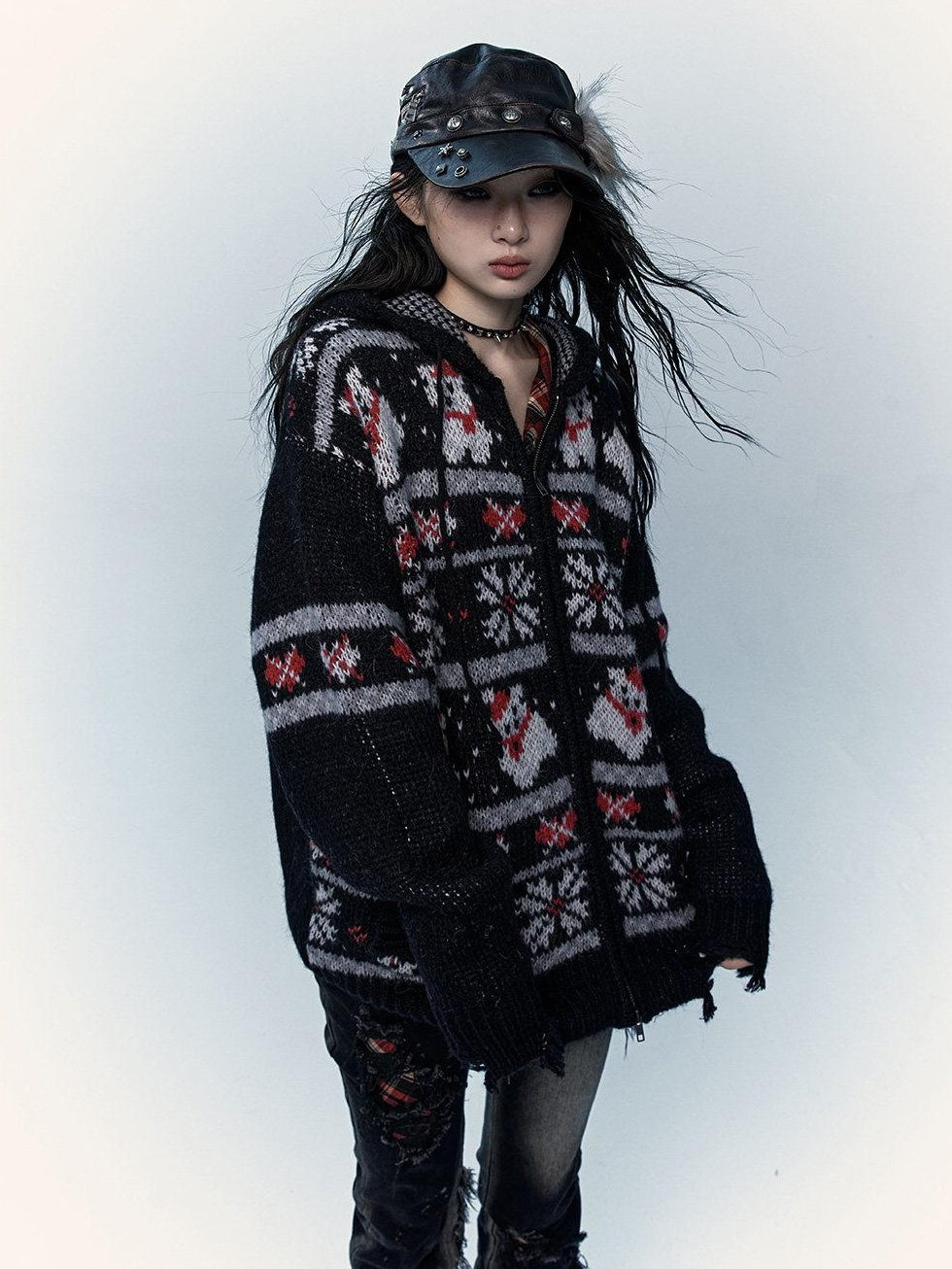 NO ROMANCE Cozy Hooded Zip Up Loose Streetwear Knit Cartoon Anime Youth Cardigans