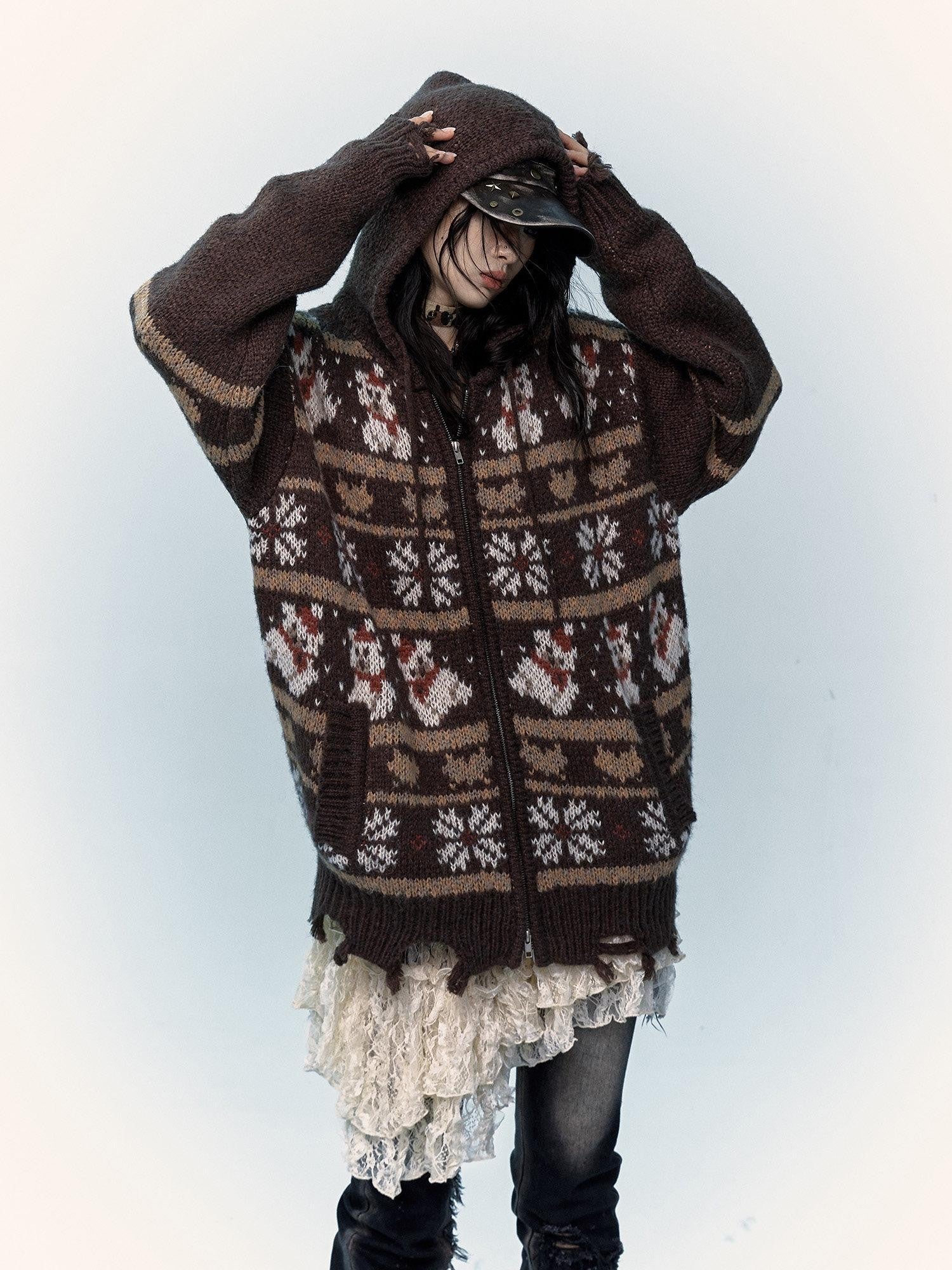 NO ROMANCE Cozy Hooded Zip Up Loose Streetwear Knit Cartoon Anime Youth Cardigans