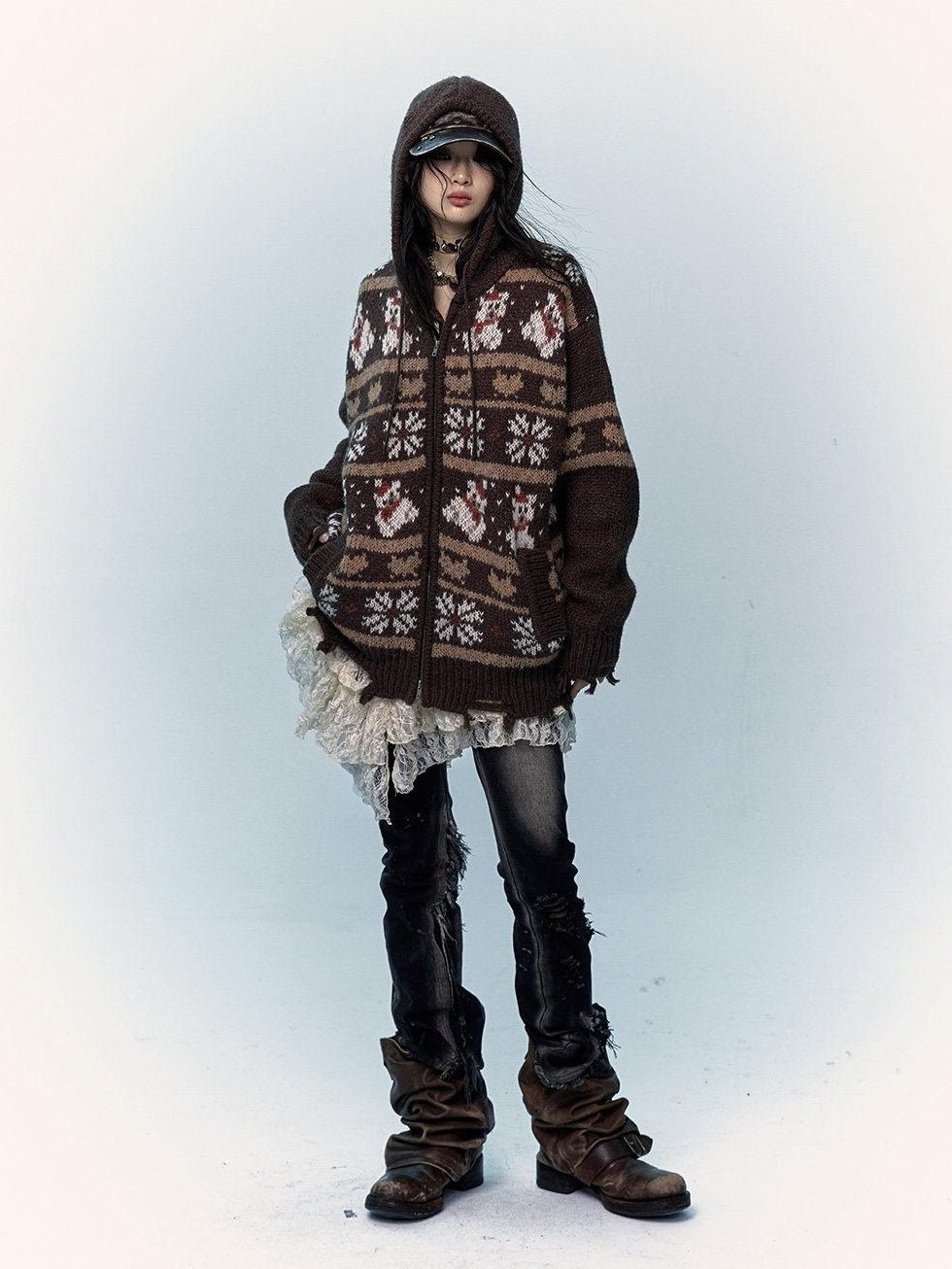 NO ROMANCE Cozy Hooded Zip Up Loose Streetwear Knit Cartoon Anime Youth Cardigans