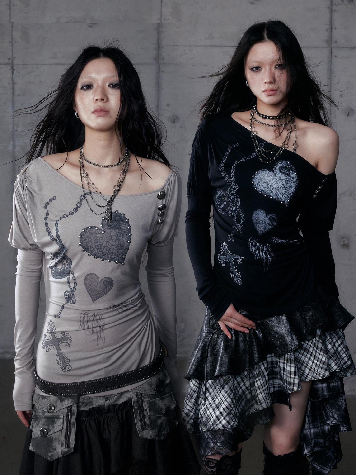 NO ROMANCE Creative Cross Print Slim Asymmetric Neck Knit Women Black Long Sleeve T-Shirts