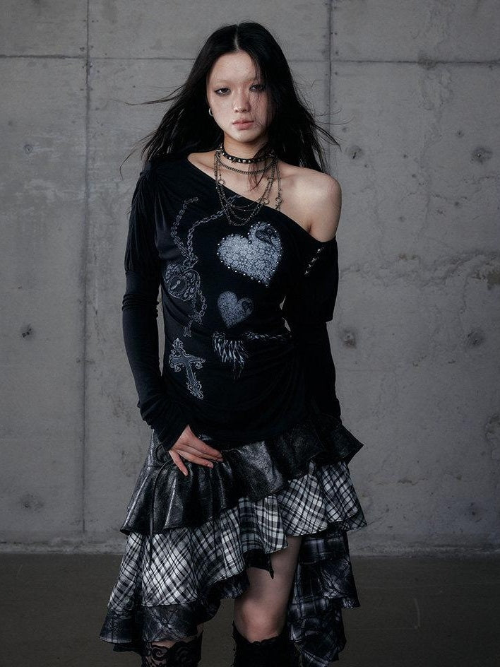 NO ROMANCE Creative Cross Print Slim Asymmetric Neck Knit Women Black Long Sleeve T-Shirts