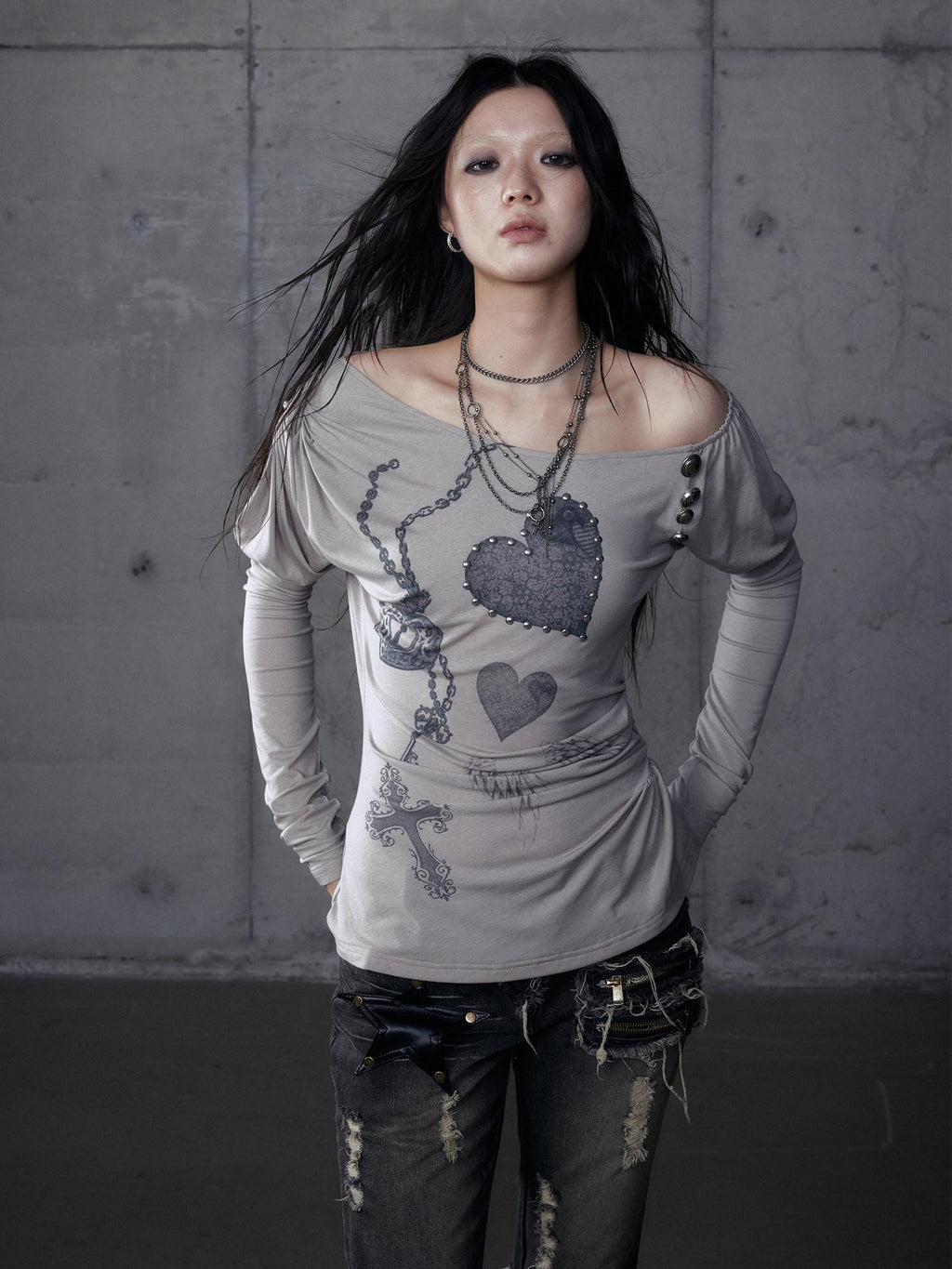 NO ROMANCE Creative Cross Print Slim Asymmetric Neck Knit Women Black Long Sleeve T-Shirts