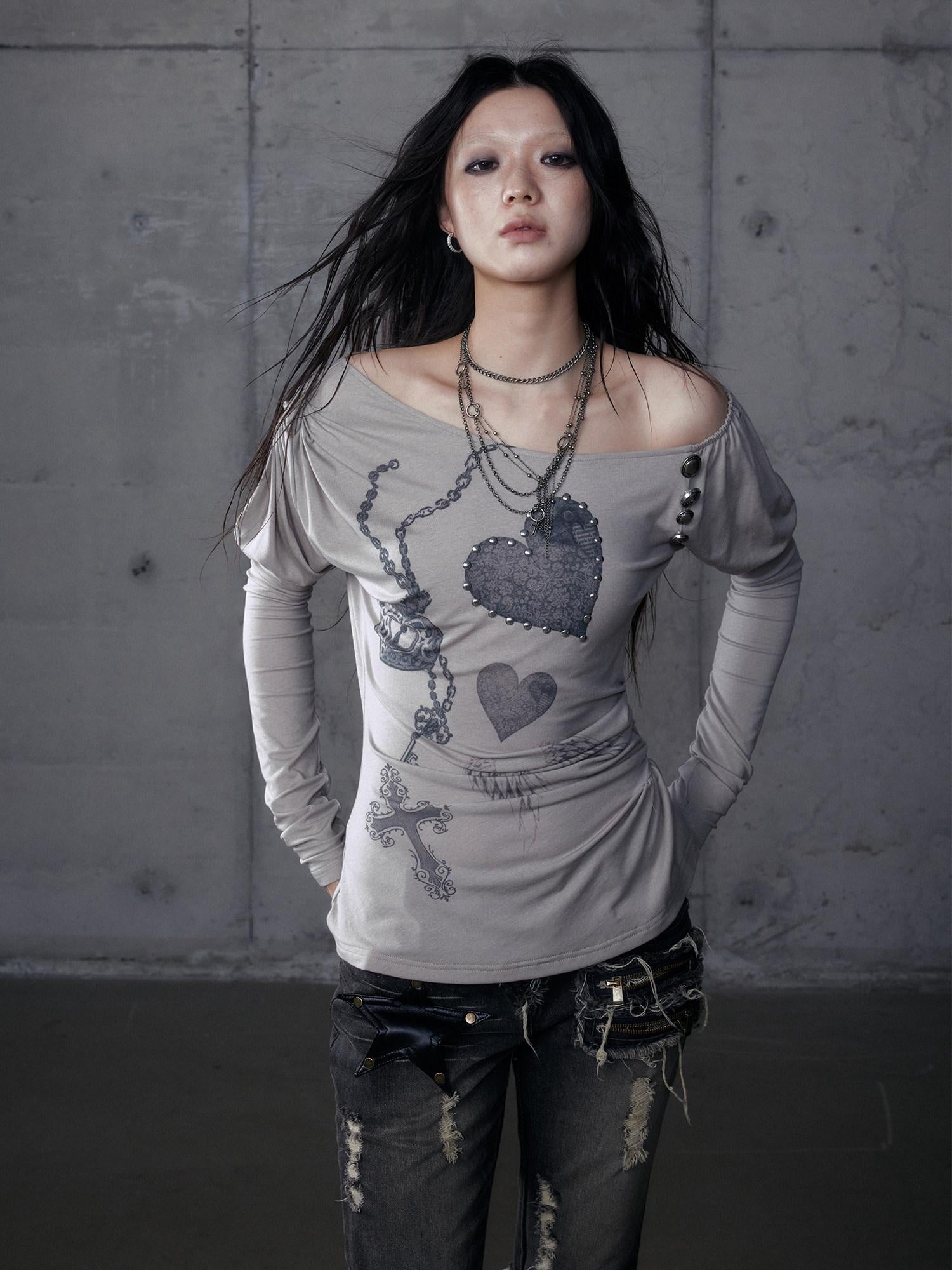 NO ROMANCE Creative Cross Print Slim Asymmetric Neck Knit Women Black Long Sleeve T-Shirts