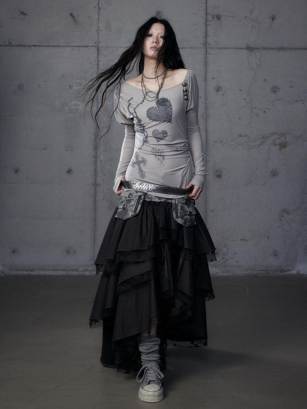 NO ROMANCE Creative Cross Print Slim Asymmetric Neck Knit Women Black Long Sleeve T-Shirts
