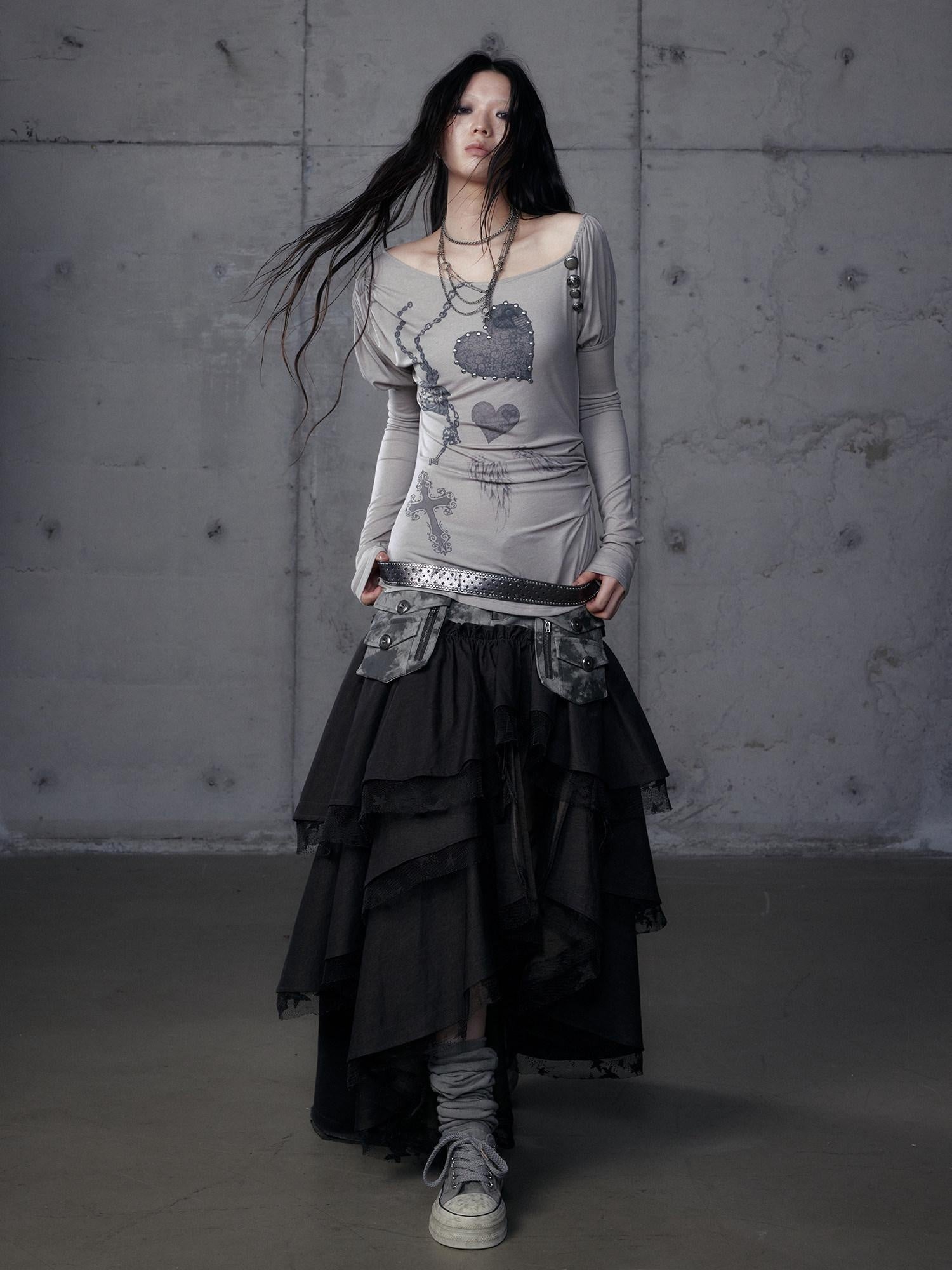 NO ROMANCE Creative Cross Print Slim Asymmetric Neck Knit Women Black Long Sleeve T-Shirts