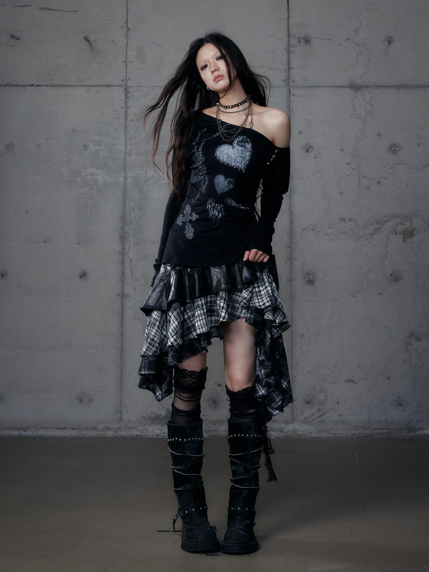NO ROMANCE Creative Cross Print Slim Asymmetric Neck Knit Women Black Long Sleeve T-Shirts