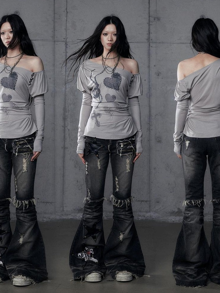 NO ROMANCE Creative Cross Print Slim Asymmetric Neck Knit Women Black Long Sleeve T-Shirts