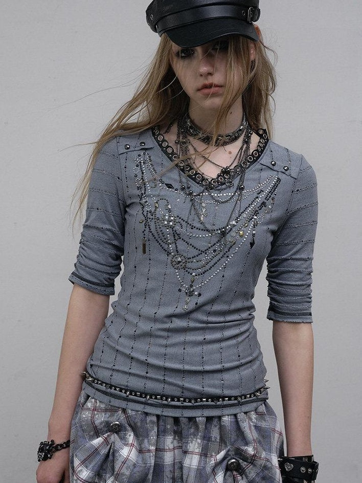 NO ROMANCE Creative Geometric Punk Slim Fit Vneck Women Blush Grey Long Sleeve T-Shirts
