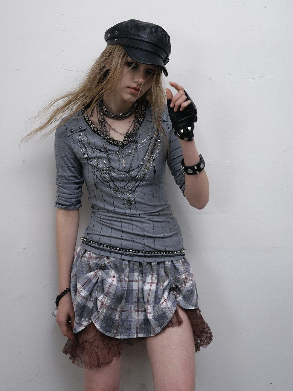 NO ROMANCE Creative Geometric Punk Slim Fit Vneck Women Blush Grey Long Sleeve T-Shirts