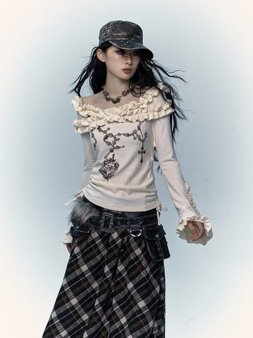 NO ROMANCE Creative Heart Print Slim Boatneck Bell Sleeve Women Long Sleeve T-Shirts