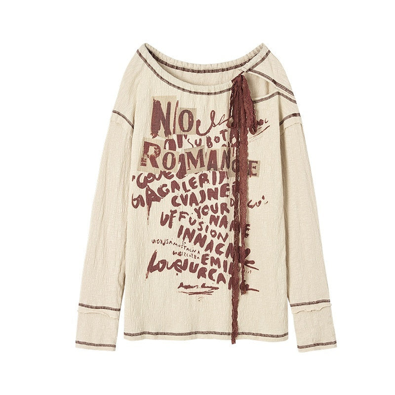 NO_ROMANCE_Distressed_Bow_Print_Relaxed_Round_Neck_Women_Combed_Cotton_Long_Sleeve_T-Shirts_MISSTT