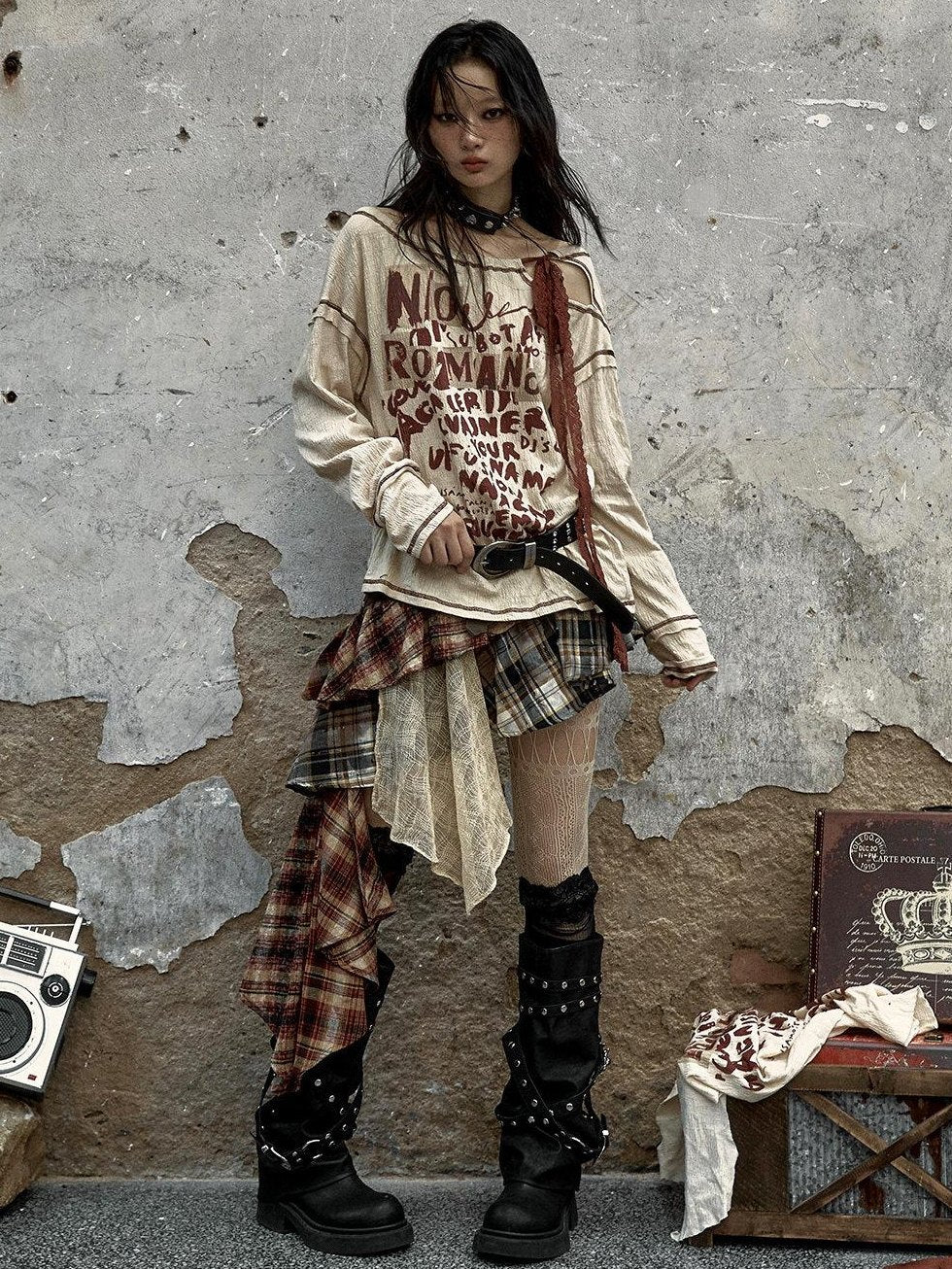 NO ROMANCE Distressed Bow Print Relaxed Round Neck Women Combed Cotton Long Sleeve T-Shirts