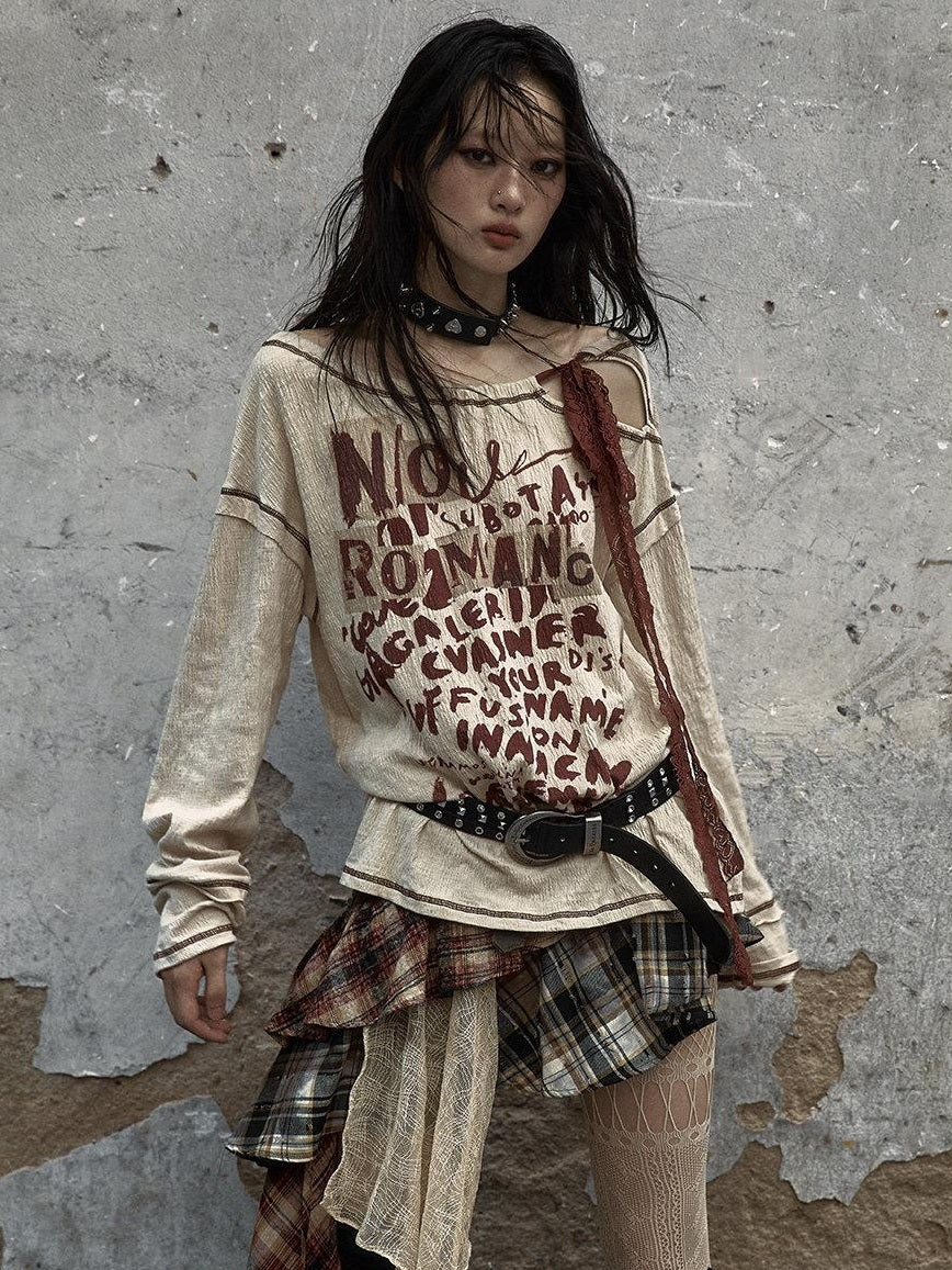 NO ROMANCE Distressed Bow Print Relaxed Round Neck Women Combed Cotton Long Sleeve T-Shirts