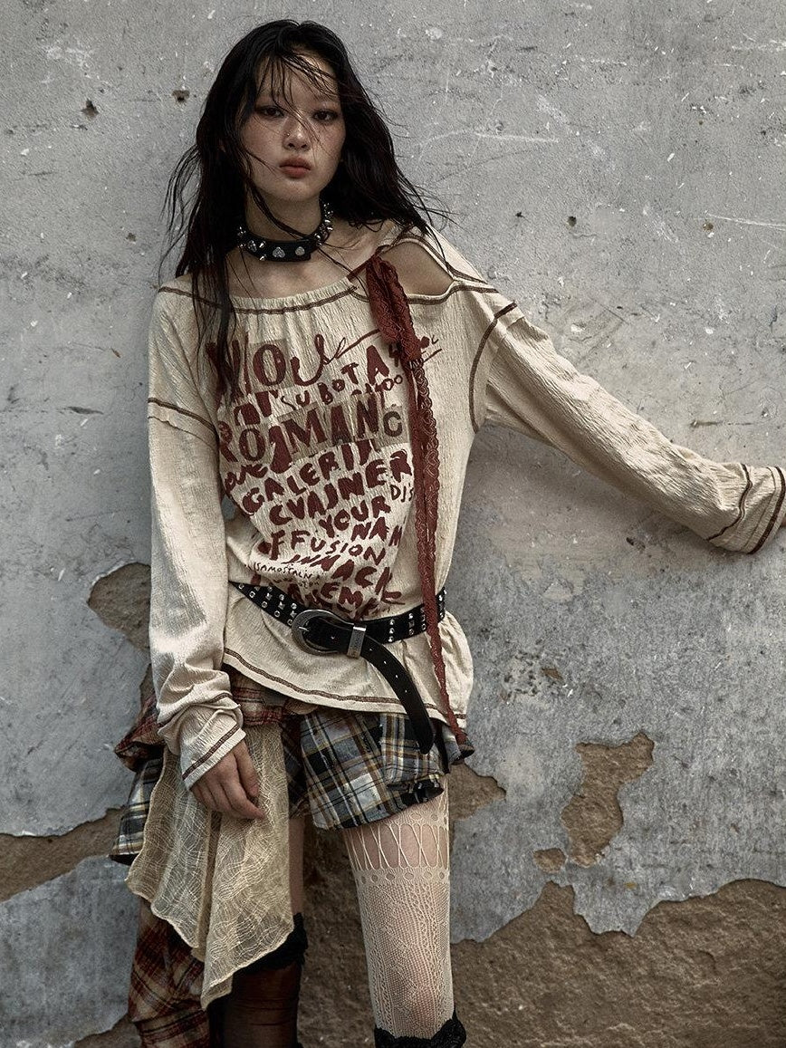 NO ROMANCE Distressed Bow Print Relaxed Round Neck Women Combed Cotton Long Sleeve T-Shirts