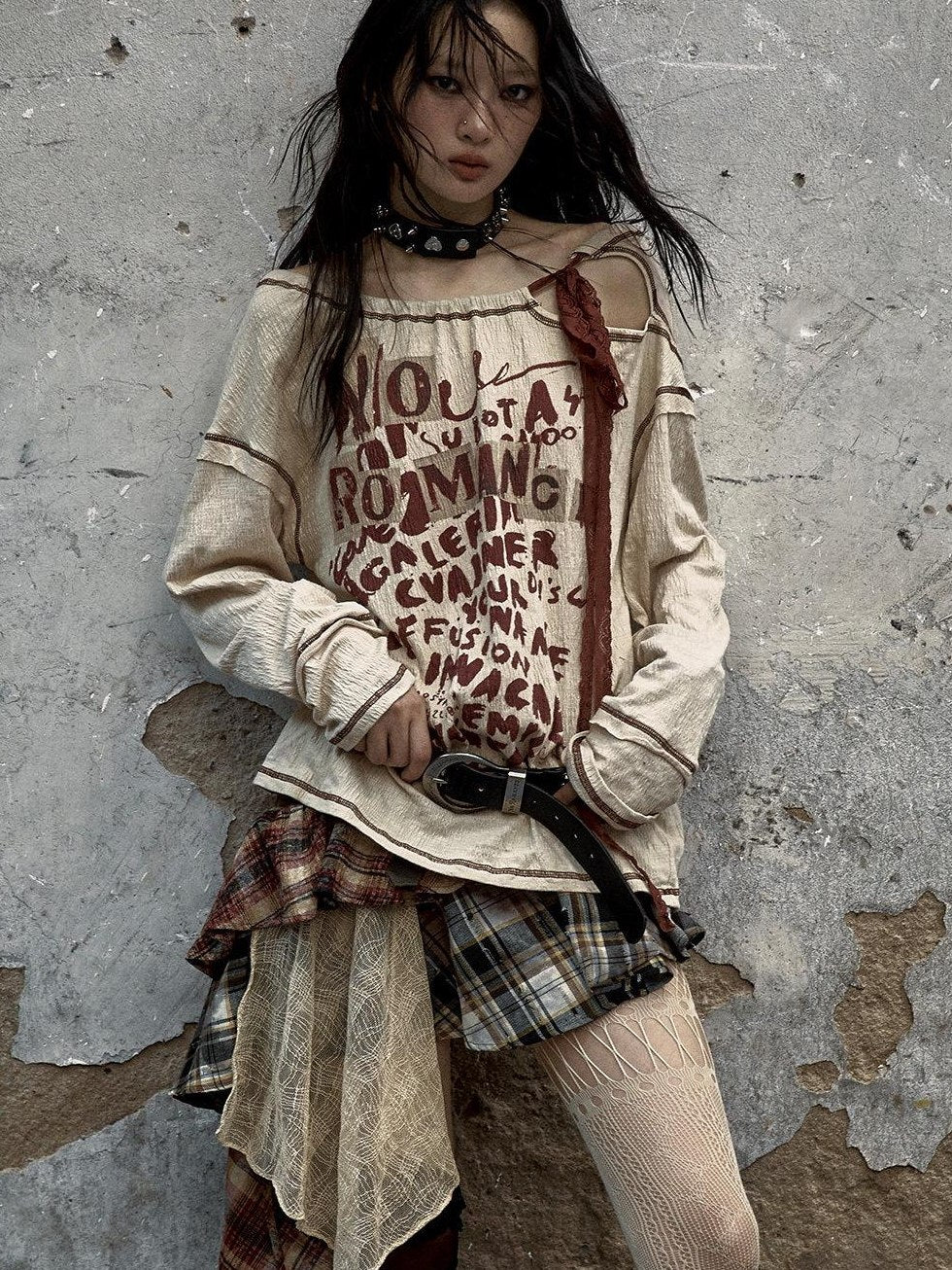 NO ROMANCE Distressed Bow Print Relaxed Round Neck Women Combed Cotton Long Sleeve T-Shirts