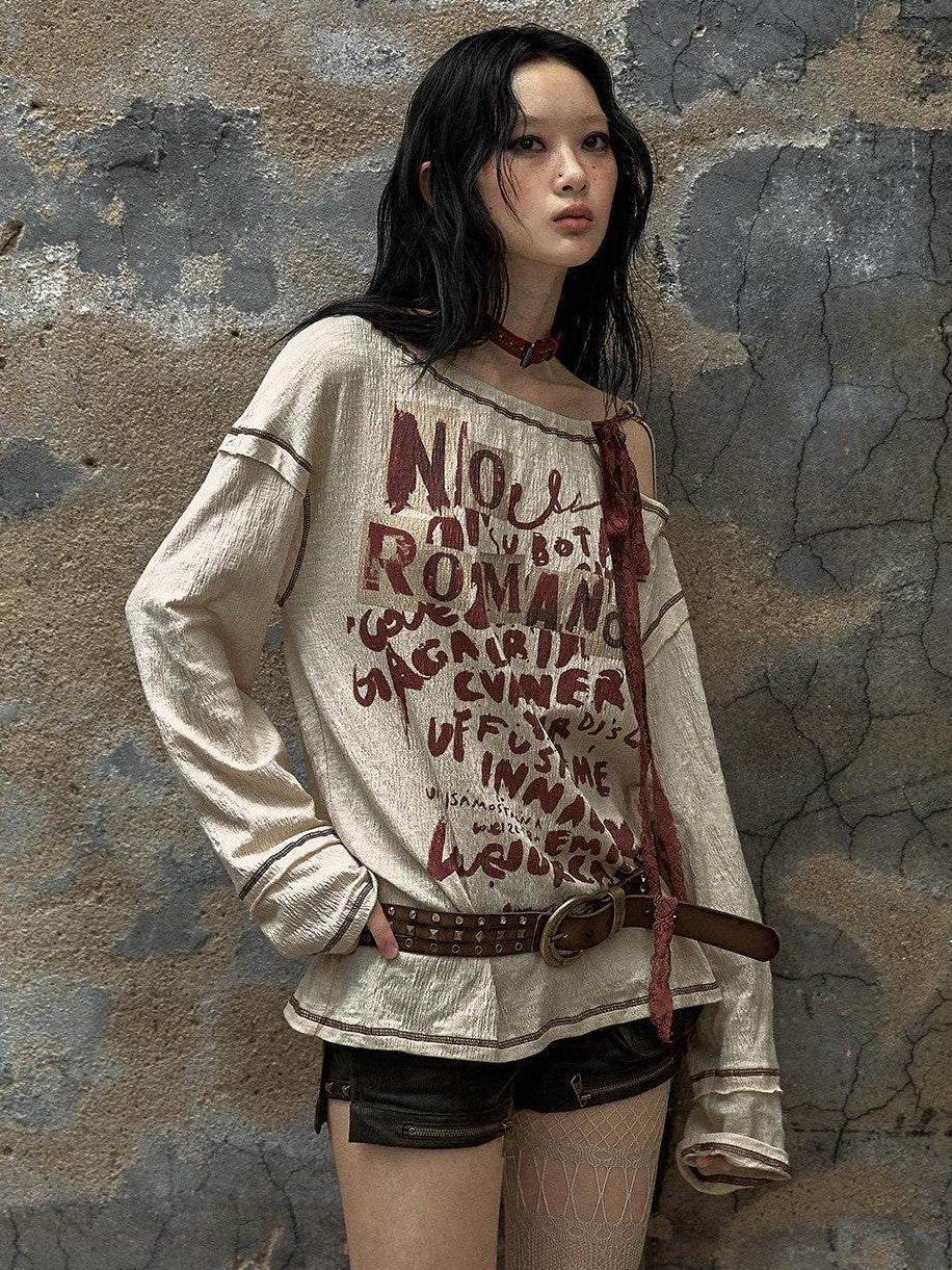 NO ROMANCE Distressed Bow Print Relaxed Round Neck Women Combed Cotton Long Sleeve T-Shirts