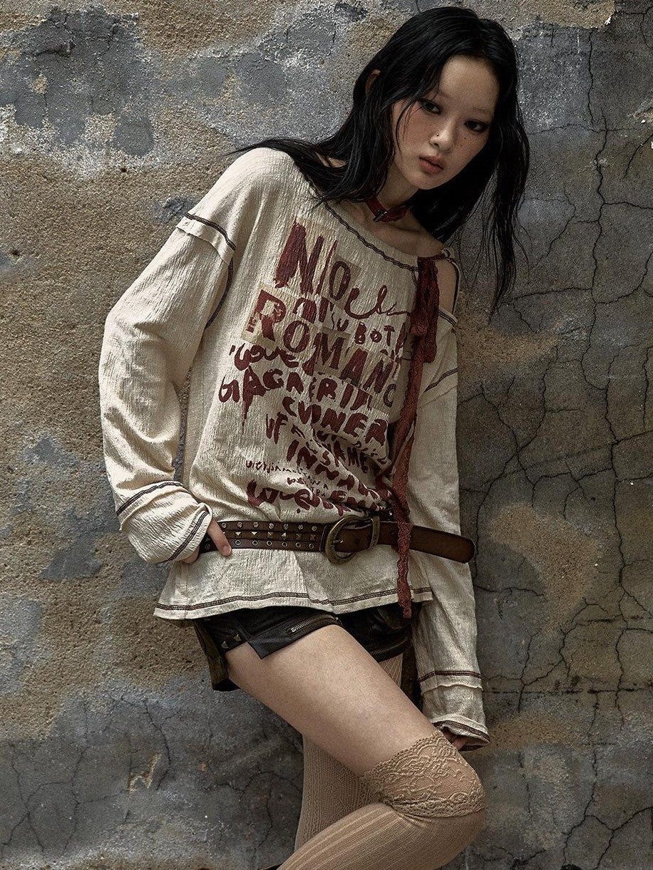 NO ROMANCE Distressed Bow Print Relaxed Round Neck Women Combed Cotton Long Sleeve T-Shirts