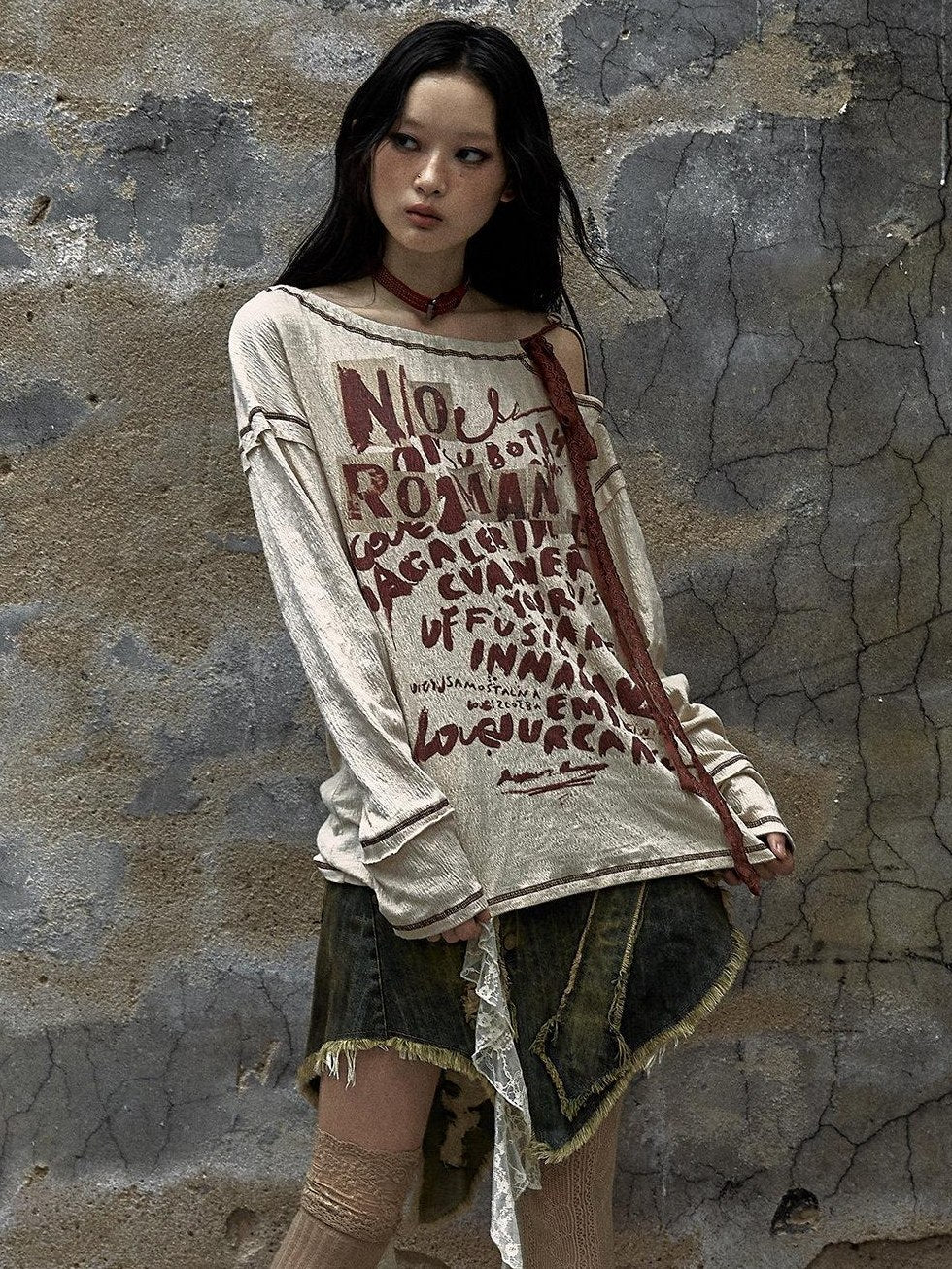 NO ROMANCE Distressed Bow Print Relaxed Round Neck Women Combed Cotton Long Sleeve T-Shirts