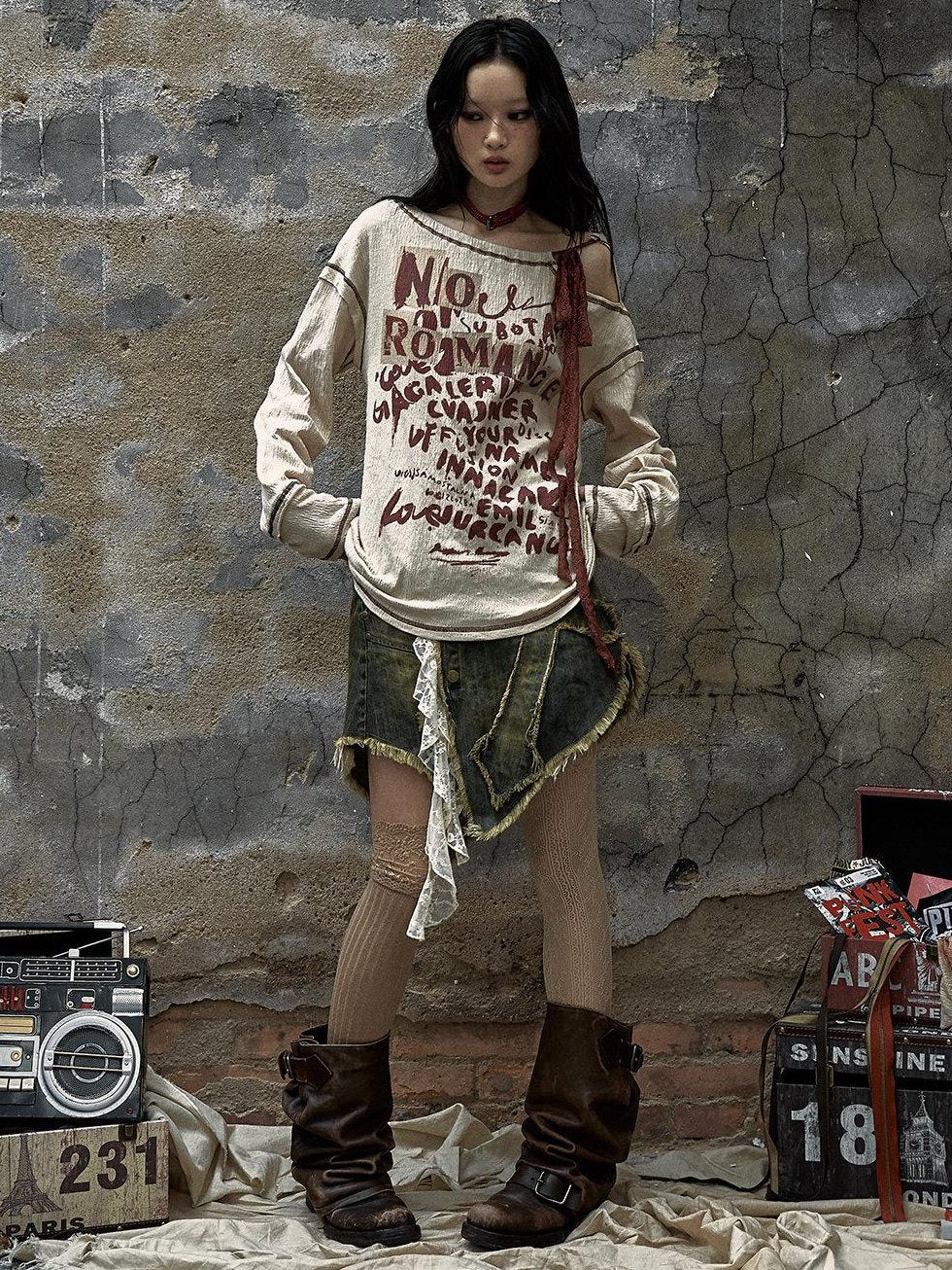 NO ROMANCE Distressed Bow Print Relaxed Round Neck Women Combed Cotton Long Sleeve T-Shirts