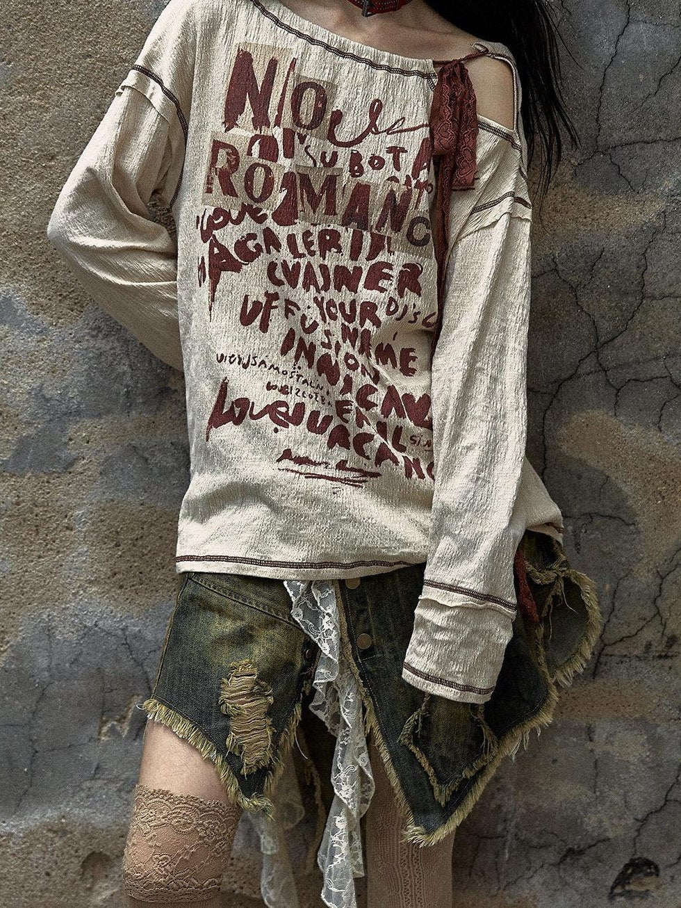 NO ROMANCE Distressed Bow Print Relaxed Round Neck Women Combed Cotton Long Sleeve T-Shirts