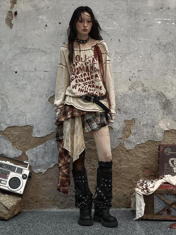 NO ROMANCE Distressed Bow Print Relaxed Round Neck Women Combed Cotton Long Sleeve T-Shirts
