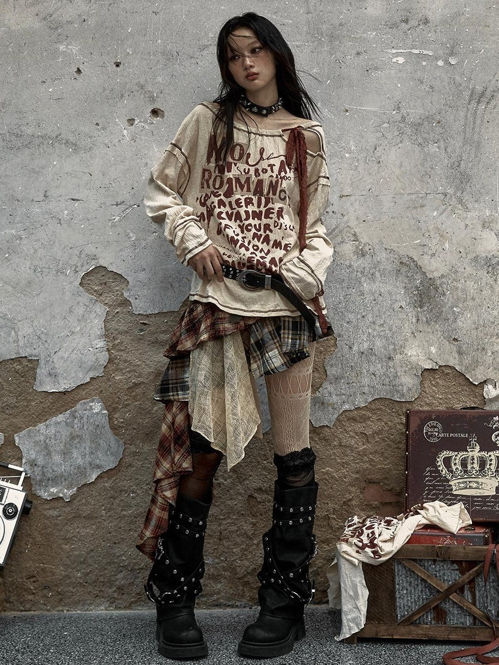 NO ROMANCE Distressed Bow Print Relaxed Round Neck Women Combed Cotton Long Sleeve T-Shirts