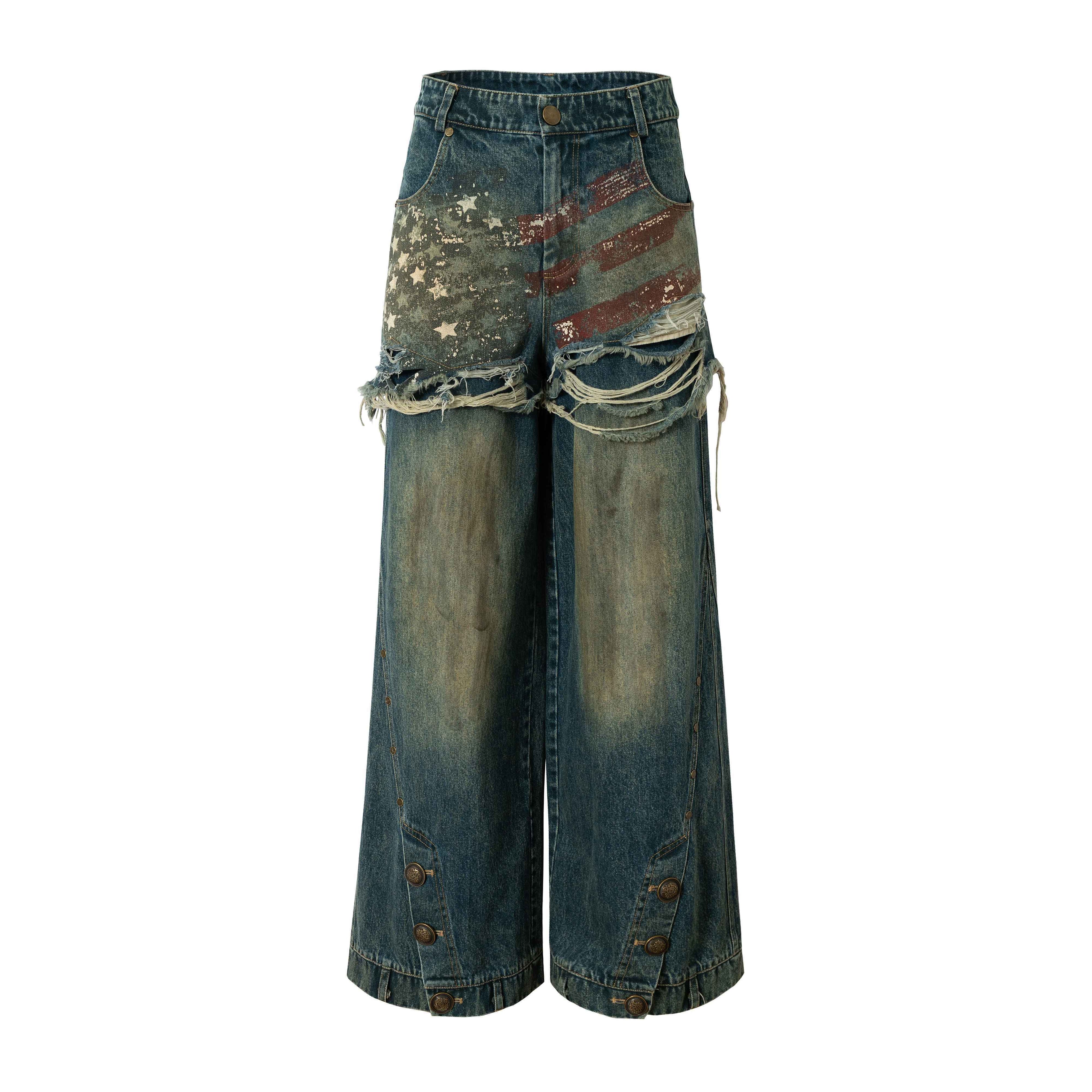 NO_ROMANCE_Distressed_High_Waist_Relaxed_Printed_Vintage_Blue_Cotton_Blend_Wide-Leg_Jeans_MISSTT